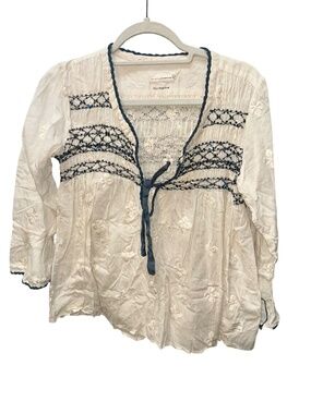 Odd Molly Embroidered Ukrainian style tunic top white teal smocking back 1 XS